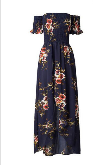 Blau - Vestido Bohemio Largo de Hombros Descubiertos Estampado Floral Primavera Verano Para Mujer