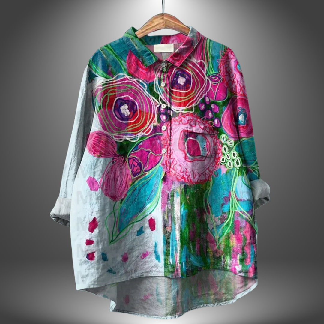 Blusa holgada de mujer con estampado artístico y cuello – ORSOLYA