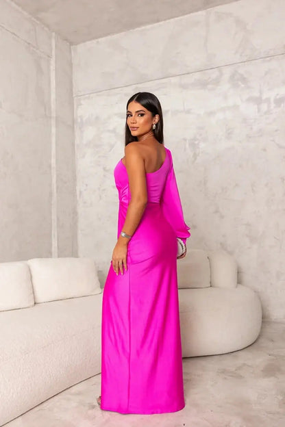 LUCINDA – Vestido maxi satinado de un hombro con drapeado elegante