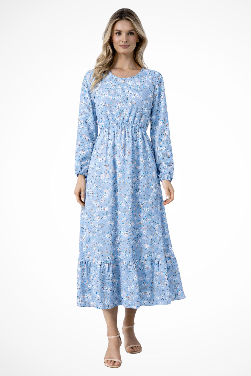Marbella – Vestido maxi bohemio floral con cintura alta y mangas largas para mujer