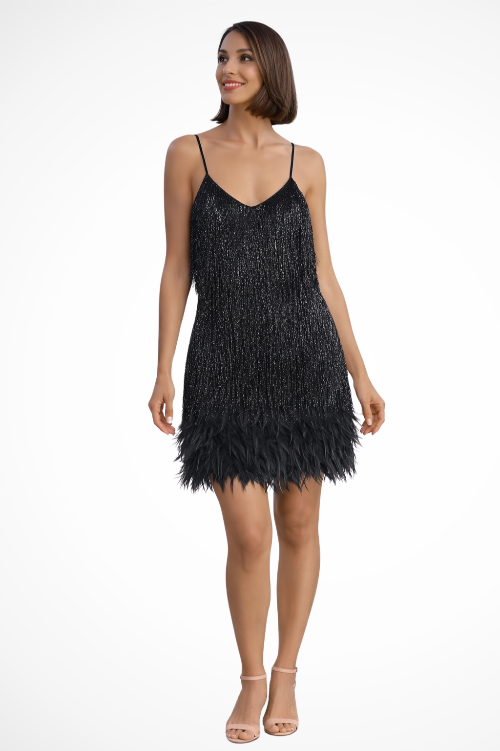 LARISSA – Vestido cóctel sin mangas con detalle de flecos