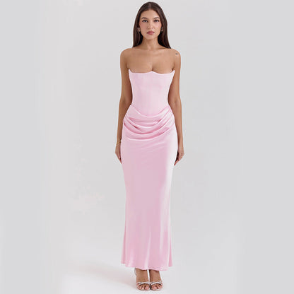 Serenata – Vestido maxi bodycon sin tirantes con fruncido para mujer