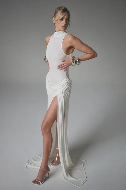 Aria – Vestido maxi de verano sin mangas con cuello alto y abertura lateral para mujer