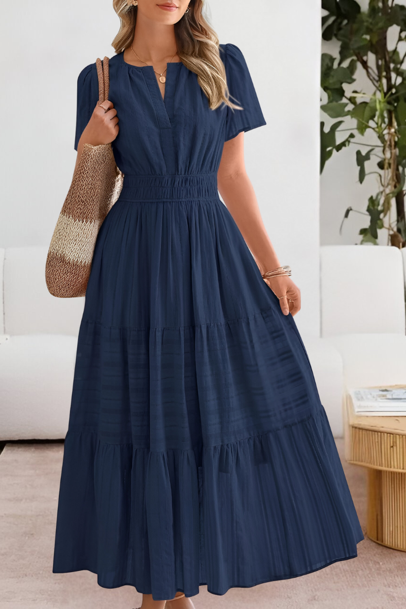 Elena – Vestido maxi con cintura fruncida y mangas cortas para mujer