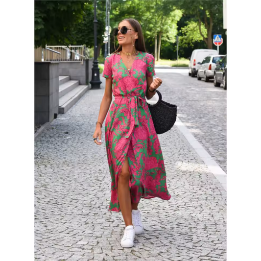Vestido cruzado elegante con estampado artístico y corte fluido – AURELIA