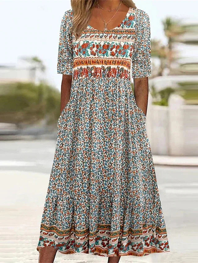 ARIELA – Vestido midi bohemio con escote cuadrado y mangas cortas para mujer