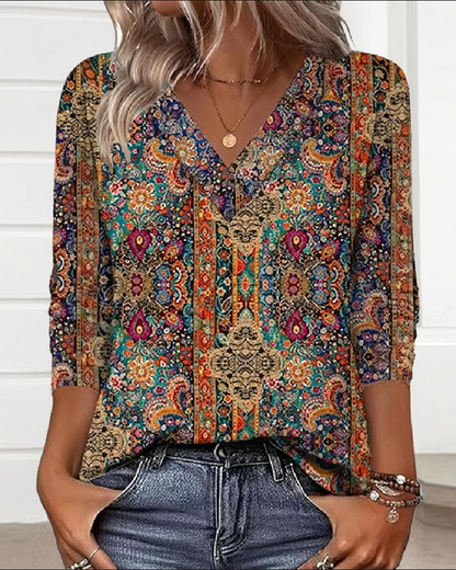 Marina – Blusa retro con estampado y escote en V para mujer