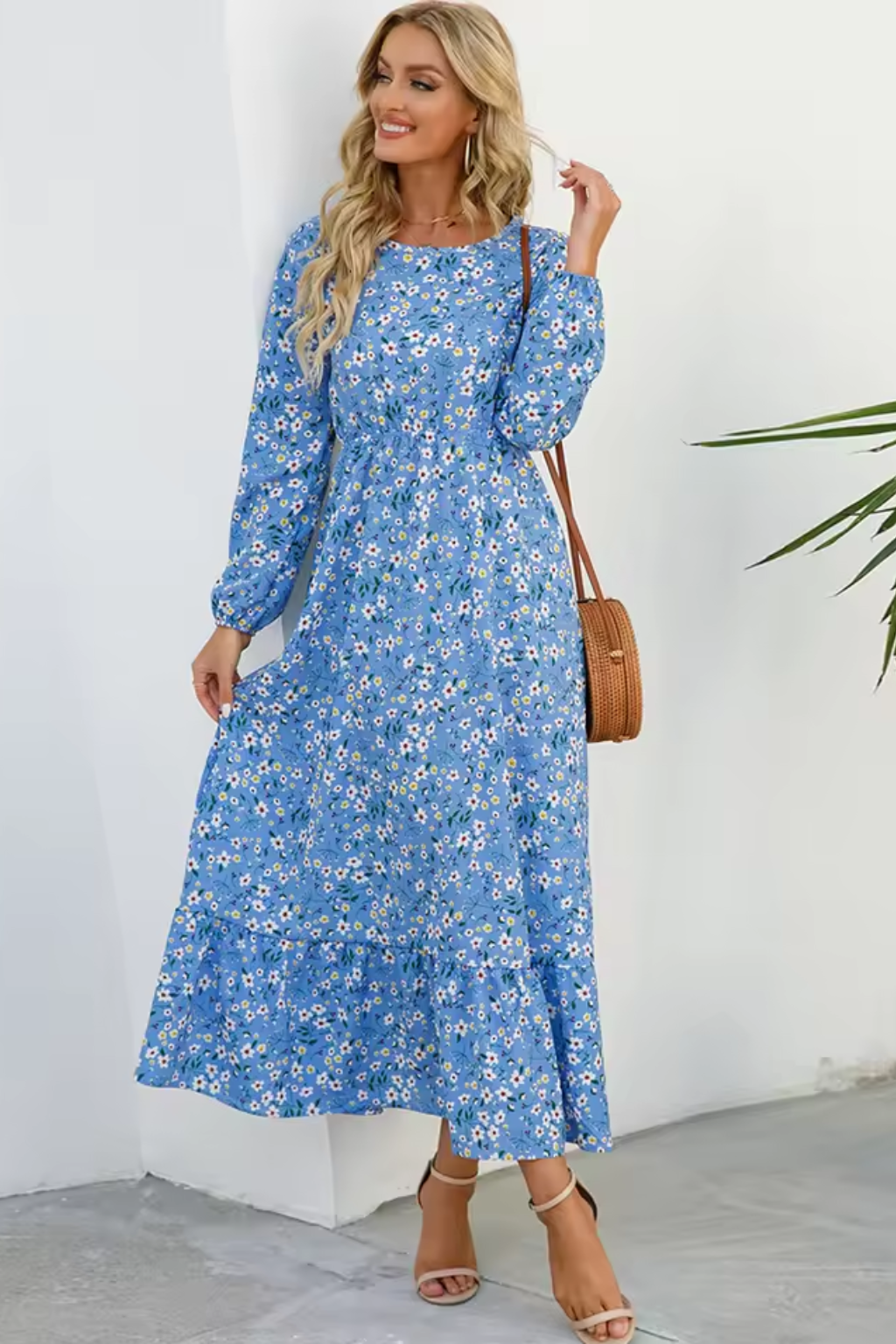 Marbella – Vestido maxi bohemio floral con cintura alta y mangas largas para mujer