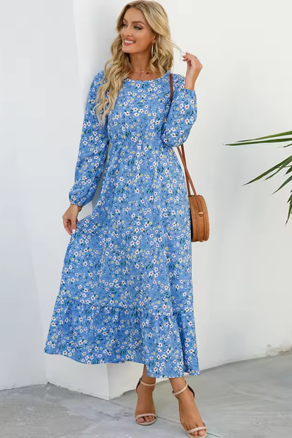 Marbella – Vestido maxi bohemio floral con cintura alta y mangas largas para mujer