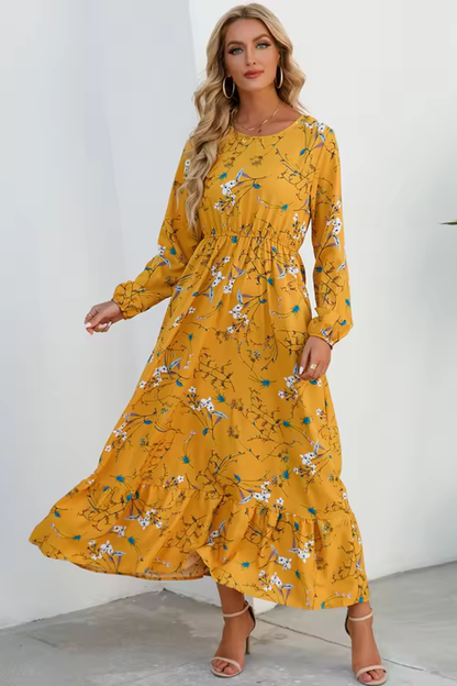 Marbella – Vestido maxi bohemio floral con cintura alta y mangas largas para mujer