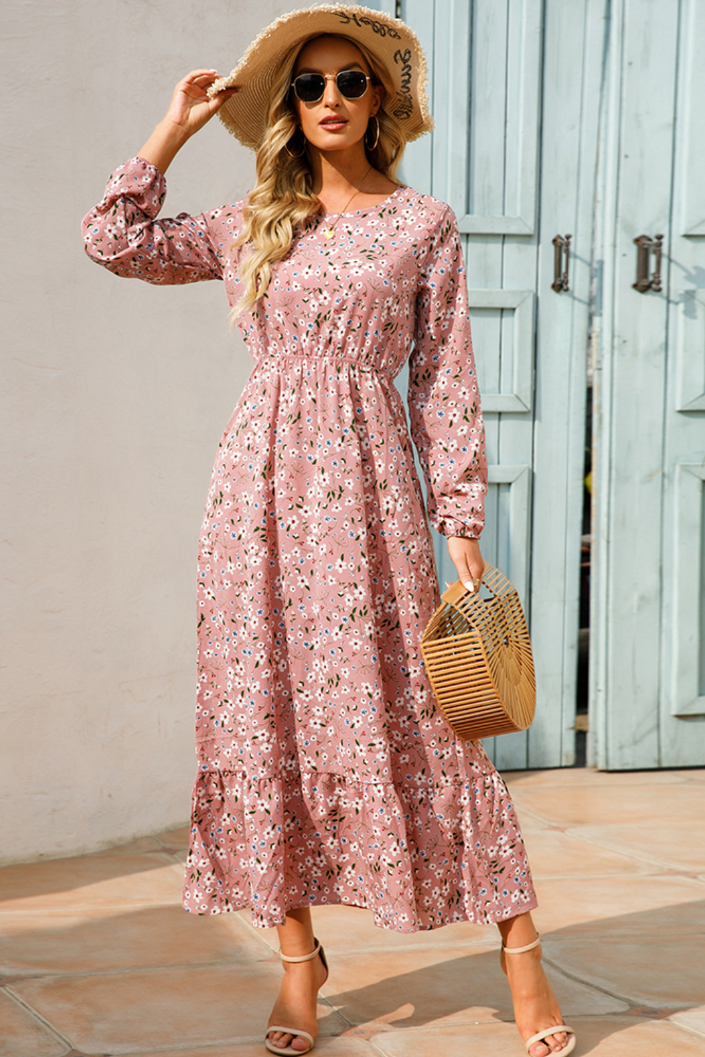 Marbella – Vestido maxi bohemio floral con cintura alta y mangas largas para mujer