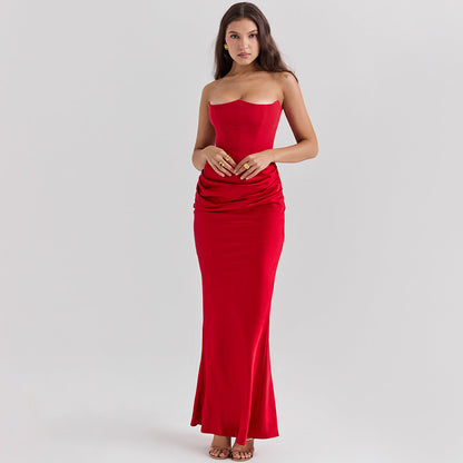 Serenata – Vestido maxi bodycon sin tirantes con fruncido para mujer