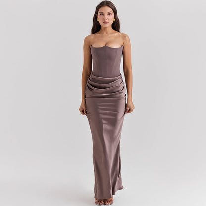 Serenata – Vestido maxi bodycon sin tirantes con fruncido para mujer