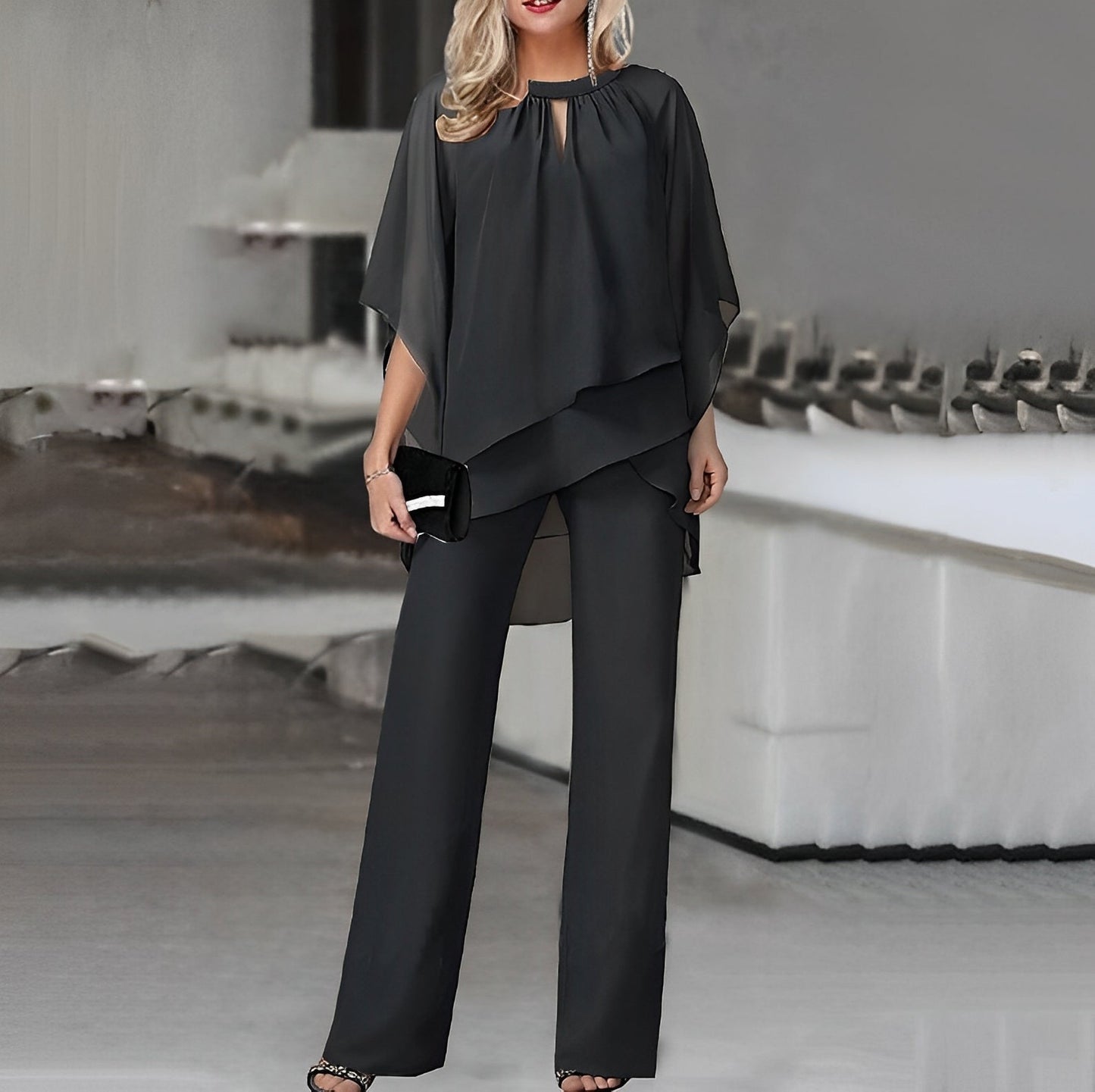 Celestina – Conjunto elegante de dos piezas con top capa fluido y pantalones de pierna ancha para mujer