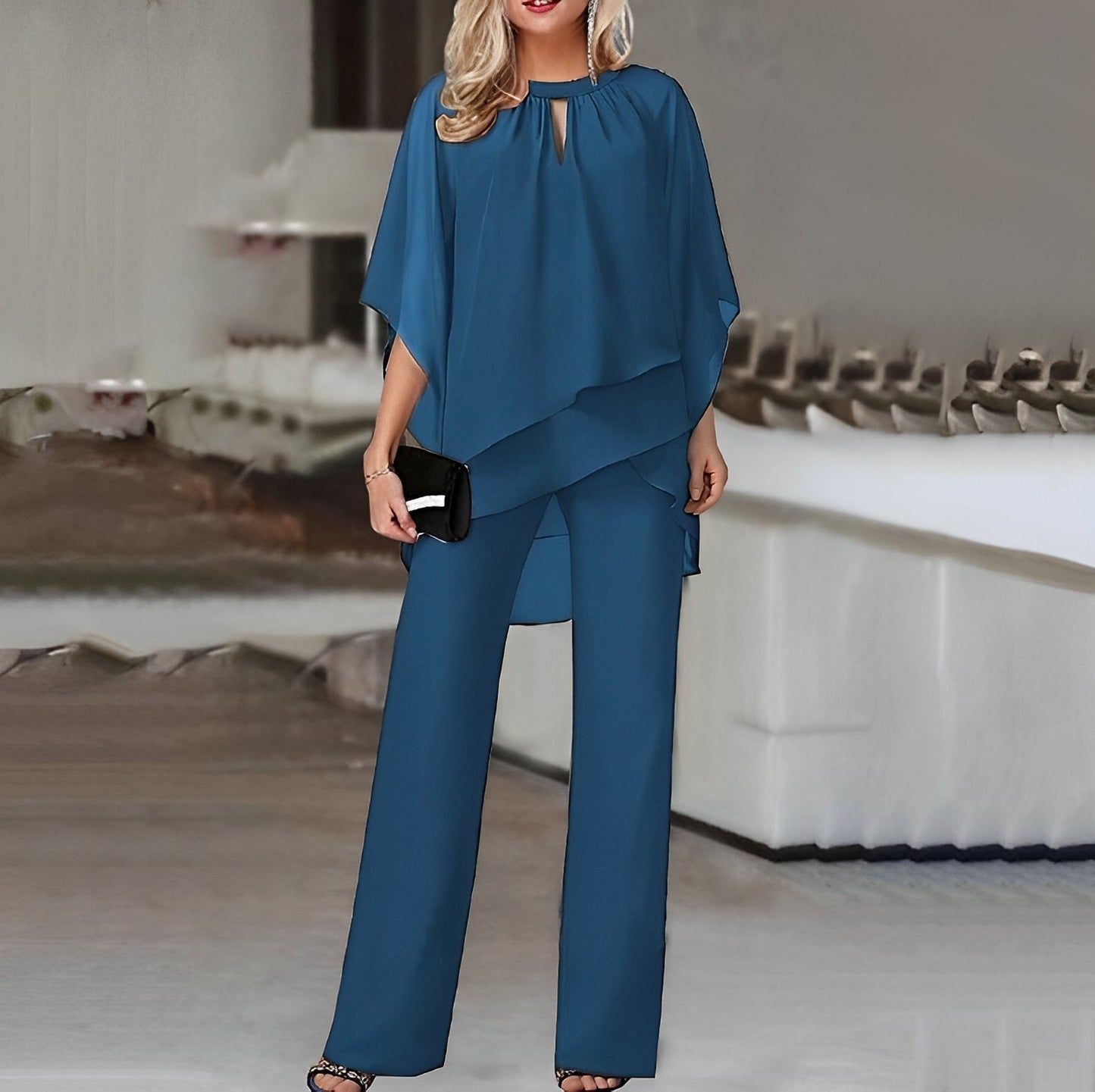 Celestina – Conjunto elegante de dos piezas con top capa fluido y pantalones de pierna ancha para mujer