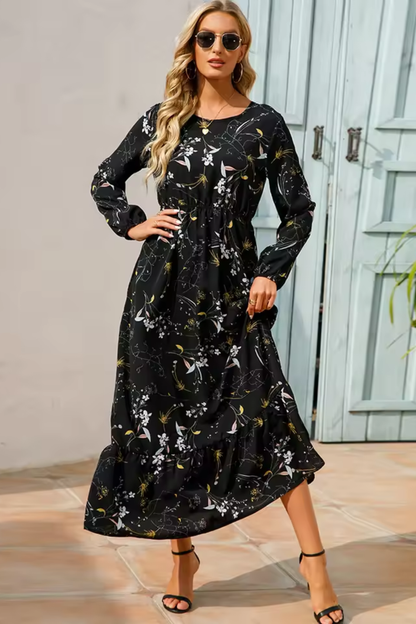 Marbella – Vestido maxi bohemio floral con cintura alta y mangas largas para mujer