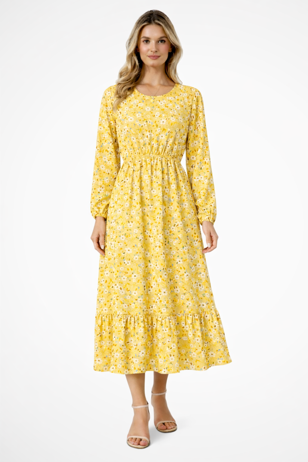 Marbella – Vestido maxi bohemio floral con cintura alta y mangas largas para mujer