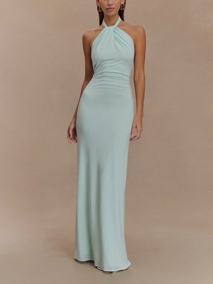 Vestido largo halter para mujer con espalda descubierta y cintura entallada – KAROLAYA
