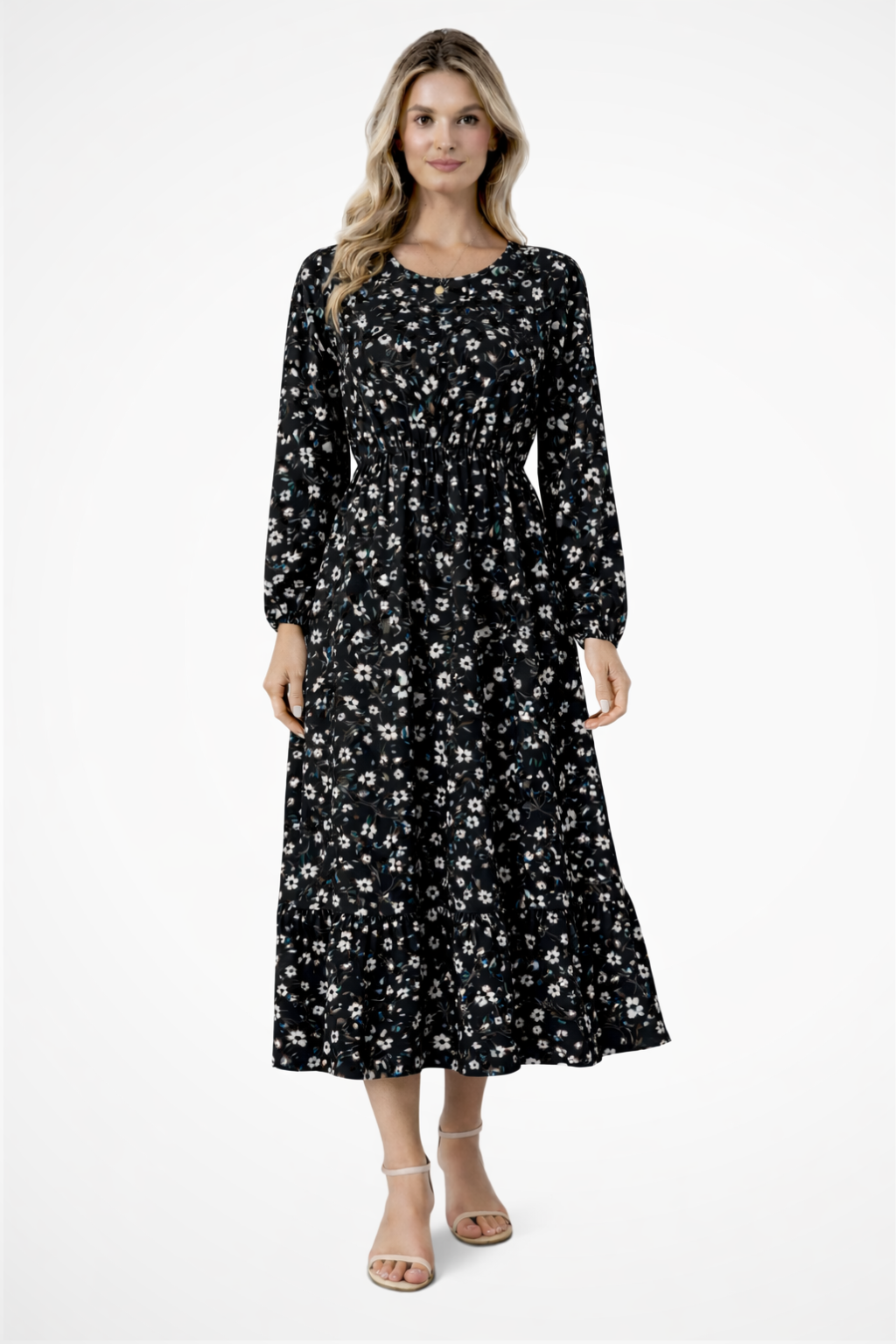 Marbella – Vestido maxi bohemio floral con cintura alta y mangas largas para mujer