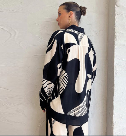 Tabita - Conjunto de Dos Piezas Camisa Manga Larga Con Botones y Pantalón Pierna Ancha Primavera Vernano Con Estampado Primavera Verano Para Mujer