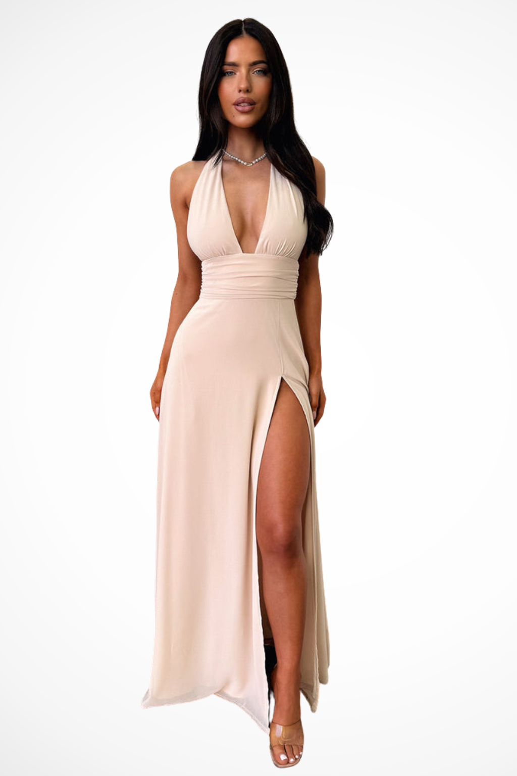 Kaelira – Vestido maxi de cuello halter con abertura lateral para mujer