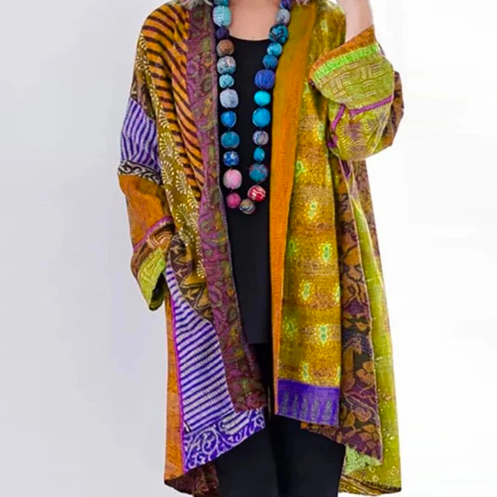 Kimono largo fluido con estampado étnico colorido para mujer – INDRA