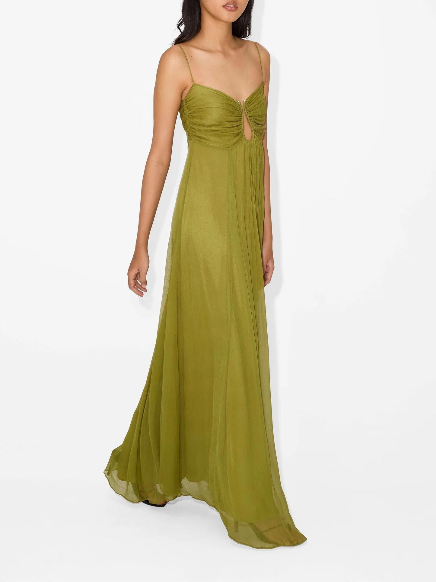 Vestido largo con tirantes finos y detalle cut-out en la cintura – LUNARIA