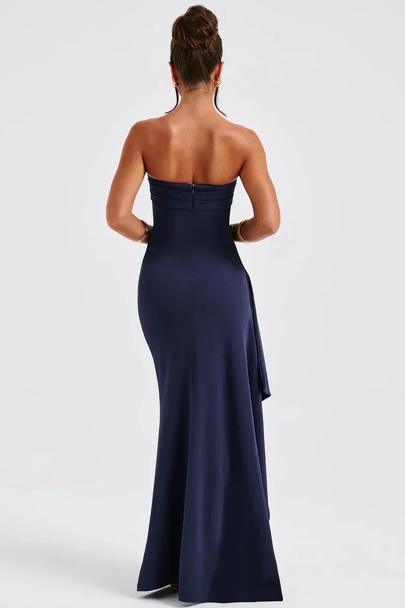 Estrella – Vestido maxi elegante sin tirantes con fruncido y abertura alta para mujer
