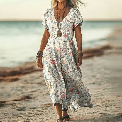 Vestido largo vaporoso con mangas cortas y estampado floral – FLORALINA