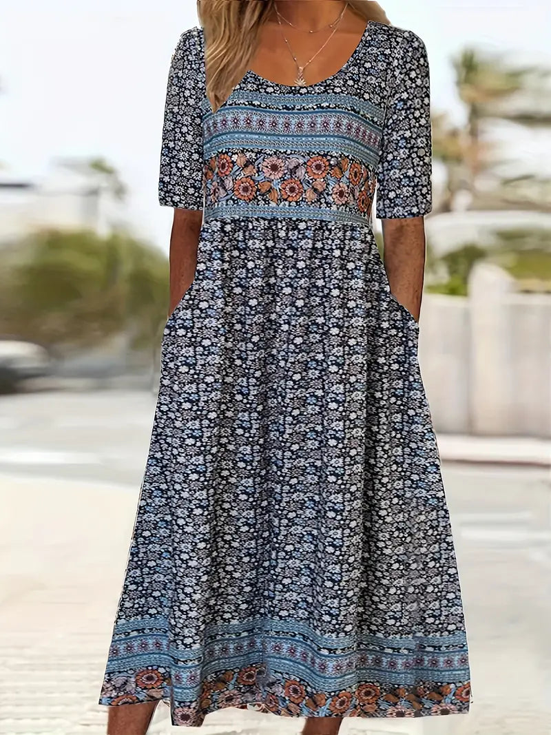 ARIELA – Vestido midi bohemio con escote cuadrado y mangas cortas para mujer