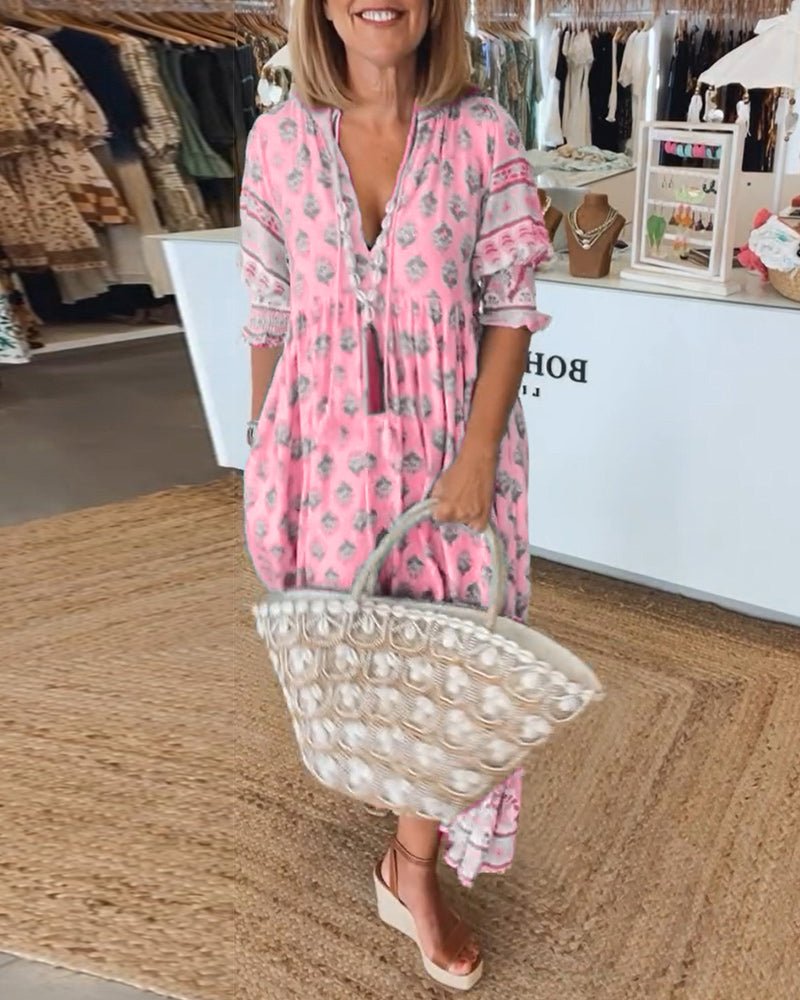 FIORELLA – Vestido midi bohemio con estampado y lazos de flecos para mujer