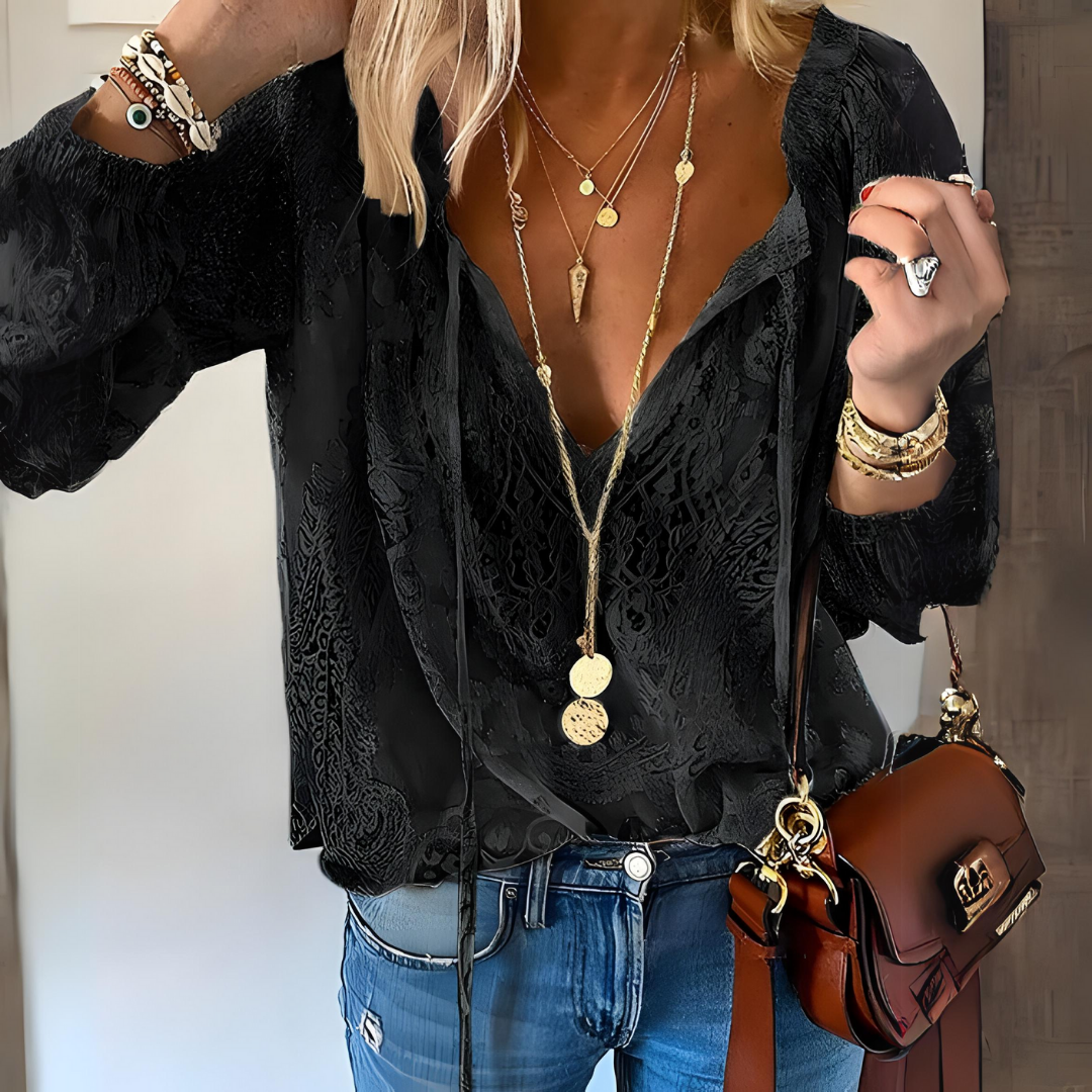 Blusa de mujer con detalles de encaje y lazo al cuello – ZENZI