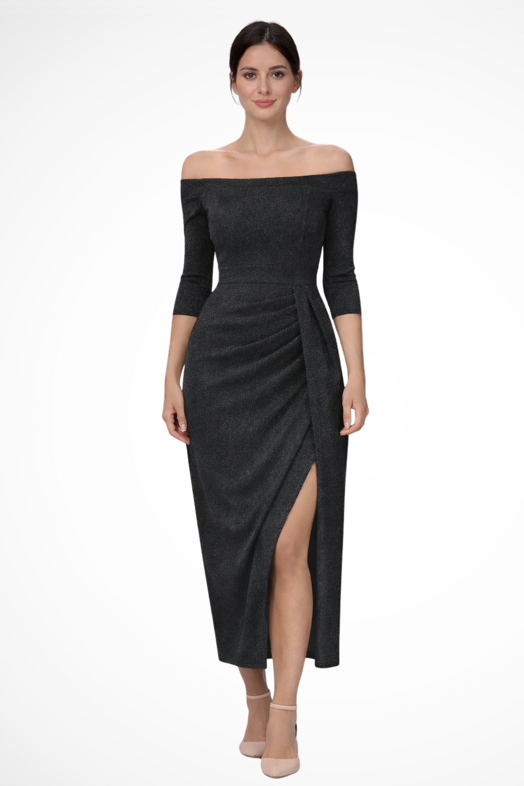 ARIELLE – Vestido midi de invitada hombros descubiertos con fruncido y abertura frontal
