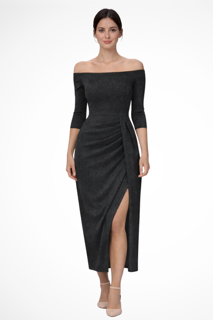 ARIELLE – Vestido midi de invitada hombros descubiertos con fruncido y abertura frontal