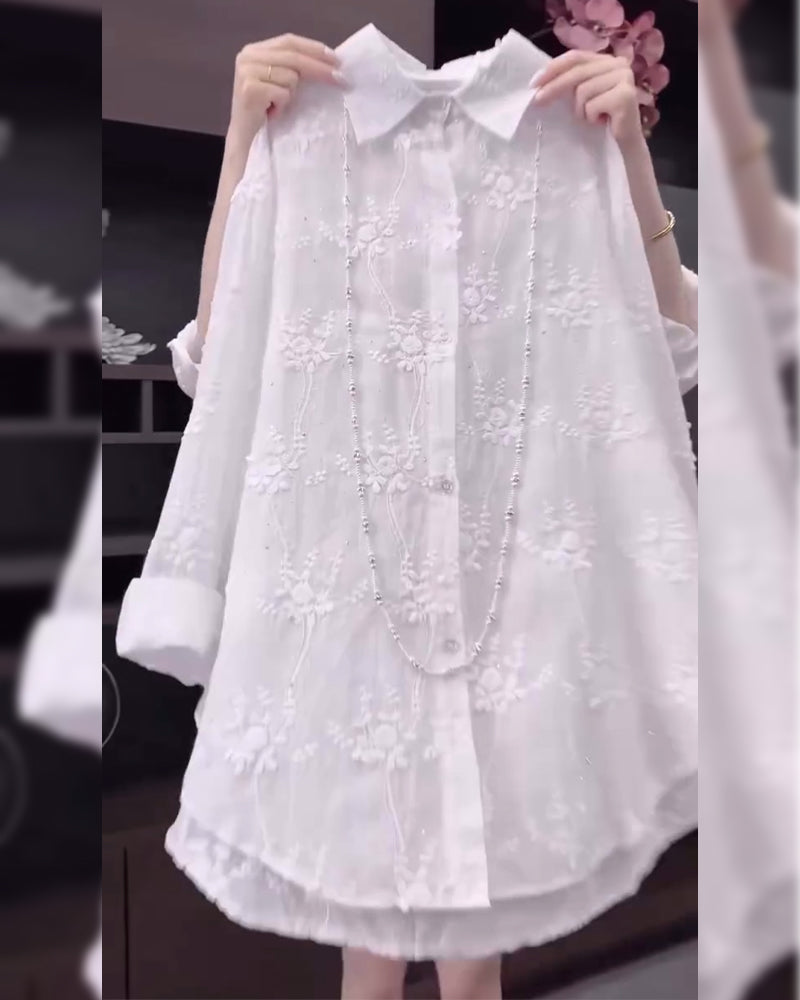 Elina – Camisa de color sólido con hombros caídos y bordado para mujer