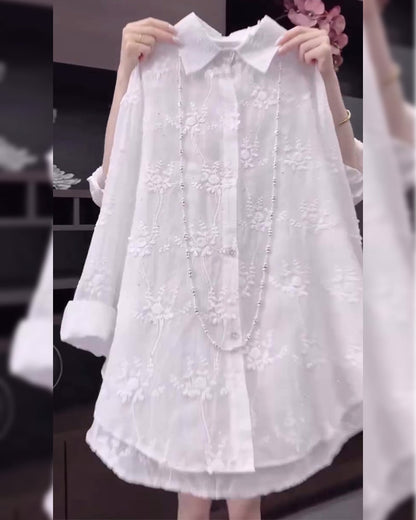 Elina – Camisa de color sólido con hombros caídos y bordado para mujer