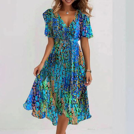 Vestido midi cruzado con estampado fluido para invitada de boda – ELIORA DUNE