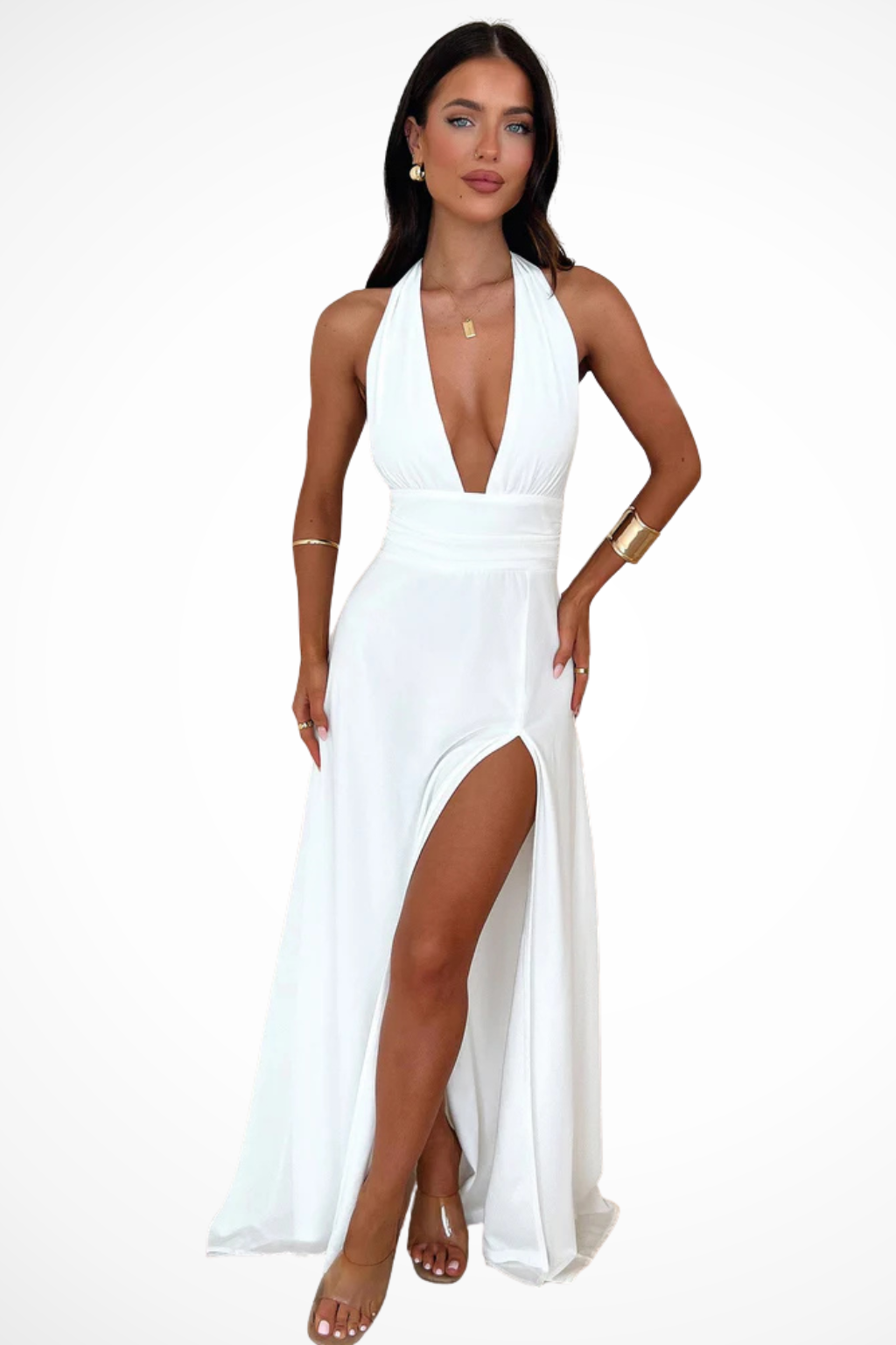 Kaelira – Vestido maxi de cuello halter con abertura lateral para mujer