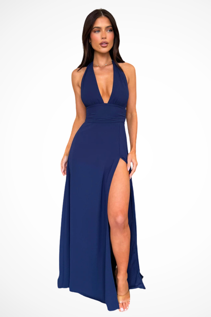 Kaelira – Vestido maxi de cuello halter con abertura lateral para mujer