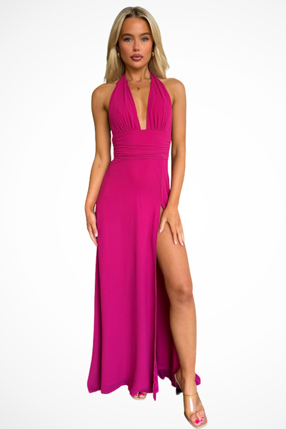 Kaelira – Vestido maxi de cuello halter con abertura lateral para mujer