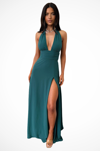Kaelira – Vestido maxi de cuello halter con abertura lateral para mujer