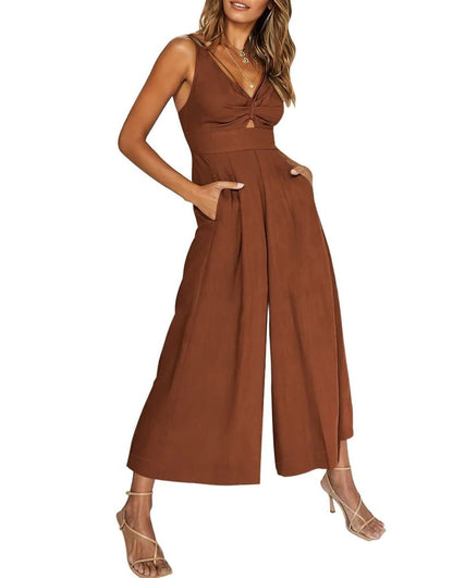 Mono elegante sin mangas con escote en V y pernera ancha – BRIGITTA