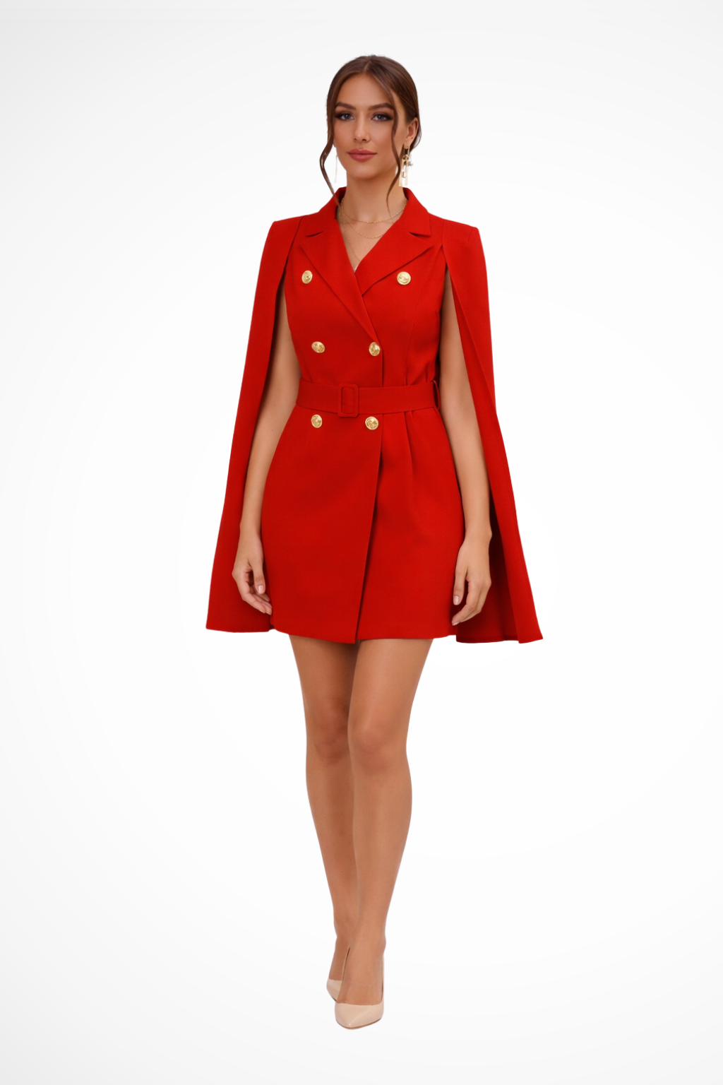 BELINDA – Vestido mini formal con capa doble botonadura y cinturón