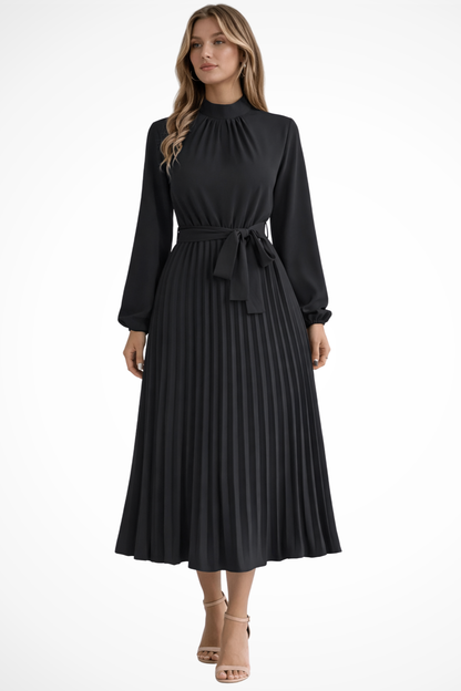 Harriet – Vestido midi plisado con mangas largas y cinturón para mujer