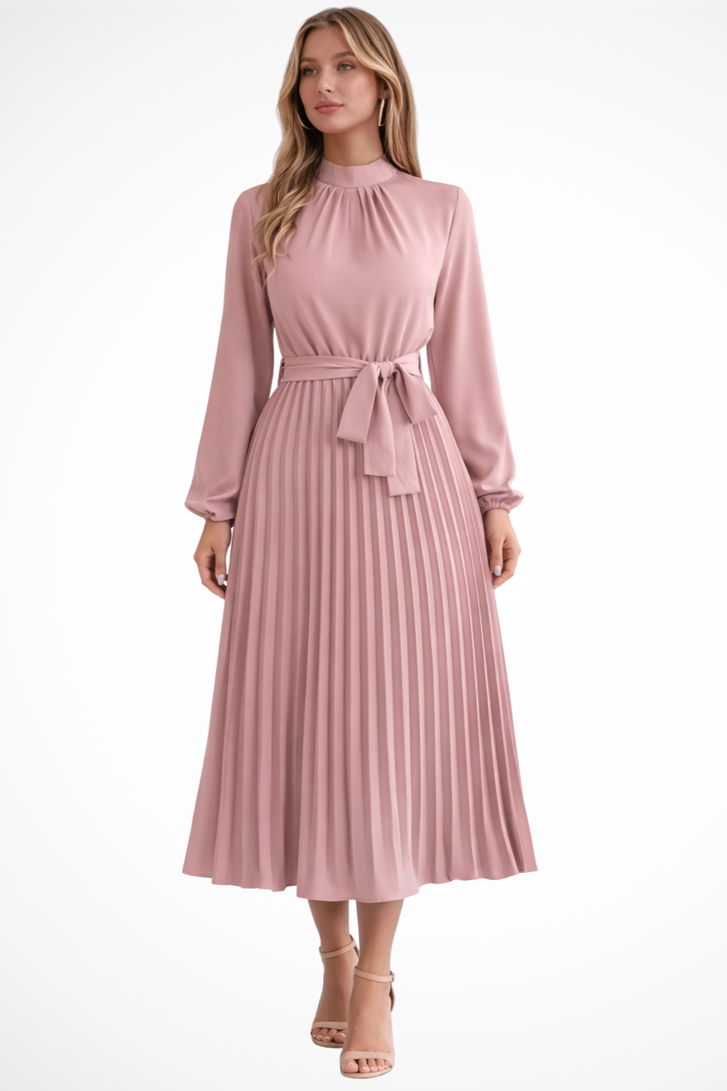 Harriet – Vestido midi plisado con mangas largas y cinturón para mujer