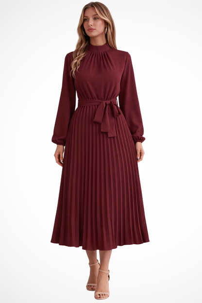 Harriet – Vestido midi plisado con mangas largas y cinturón para mujer