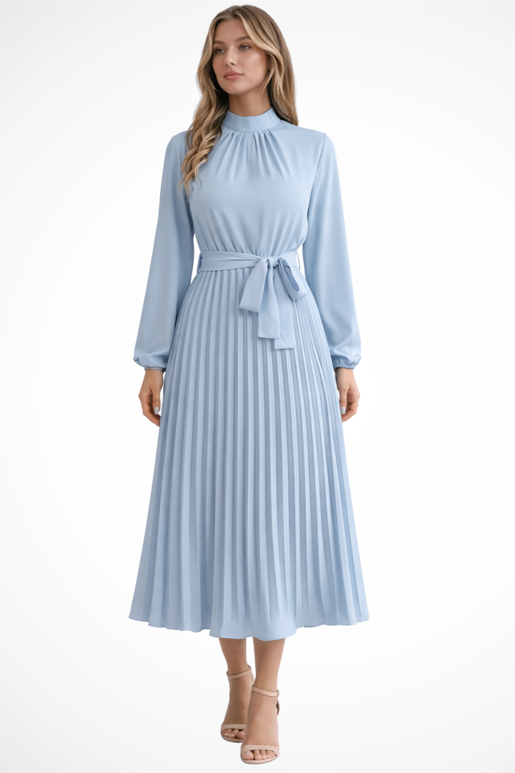 Harriet – Vestido midi plisado con mangas largas y cinturón para mujer