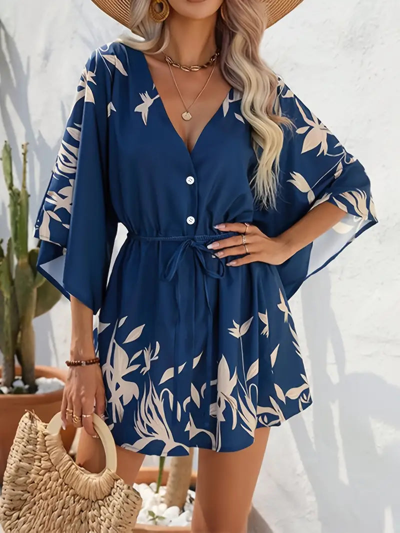 Camila – Vestido mini con estampado floral, escote en V y mangas largas para mujer