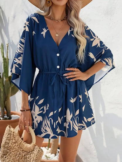 Camila – Vestido mini con estampado floral, escote en V y mangas largas para mujer