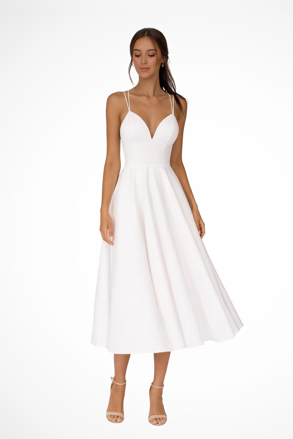 LUNARIA – Vestido midi de invitada con tirantes finos y falda evasé